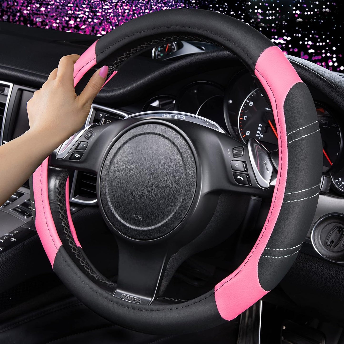 CAR PASS Line Rider Microfiber Leather Sporty 14.5-15 inch Steering Wheel Cover Universal Fits for 95% Truck,SUV,Cars, Anti-Slip Safety Comfortable Design (Black Pink)