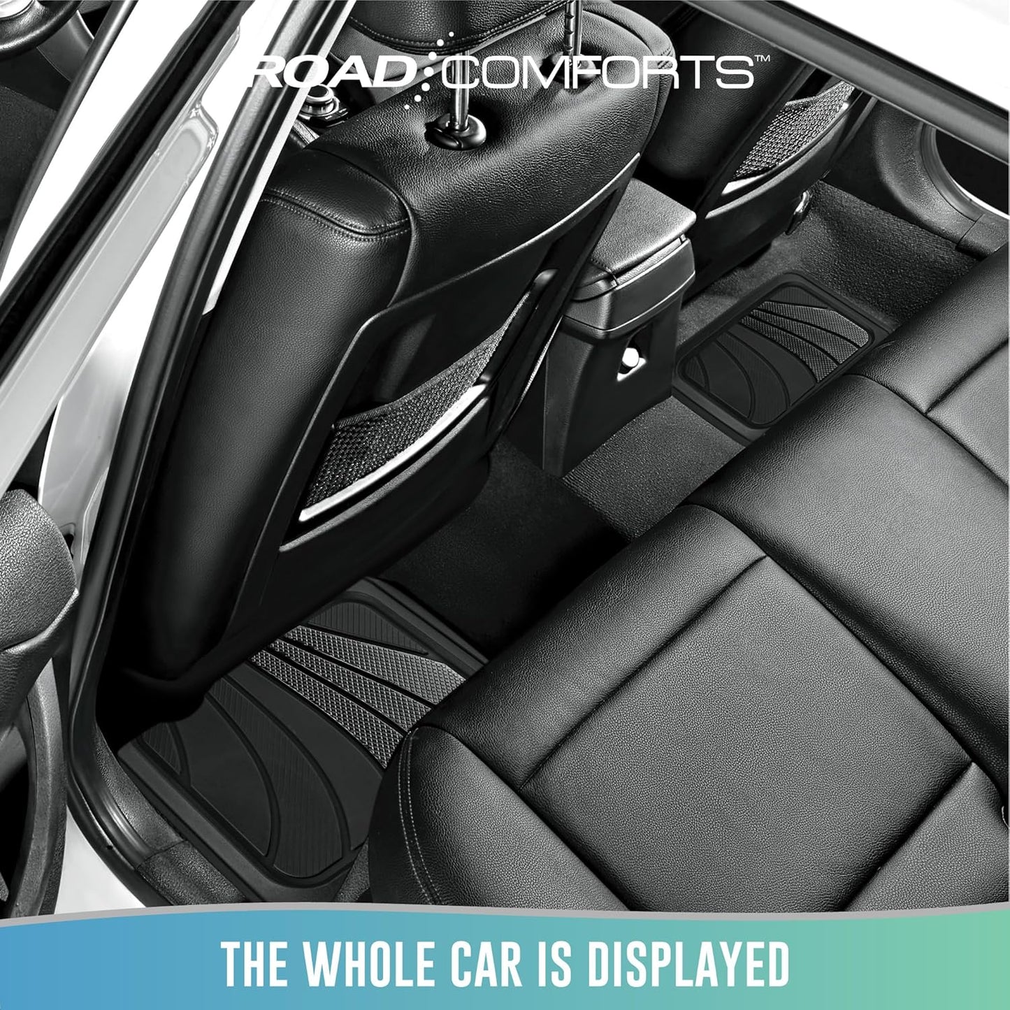 Road Comforts Car Floor Mats Full Set – Front & Rear Car Floor Mats with Aluminum Design, Anti-Slip Backing, All-Weather Protection, Trim-to-Fit Car Mats for Most Sedans, SUVs & Vans - Black