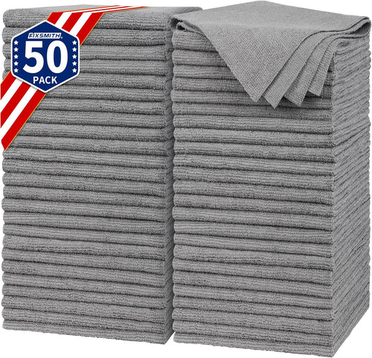 FIXSMITH Shop Towels, Pack of 50, Grey Microfiber Cleaning Cloth Bulk, Microfiber Towels for Cars, All-Purpose Absorbent Cleaning Rags, Dust Cloth for Automotive, Mechanic, Garage, 11.5 x 11.5 inch