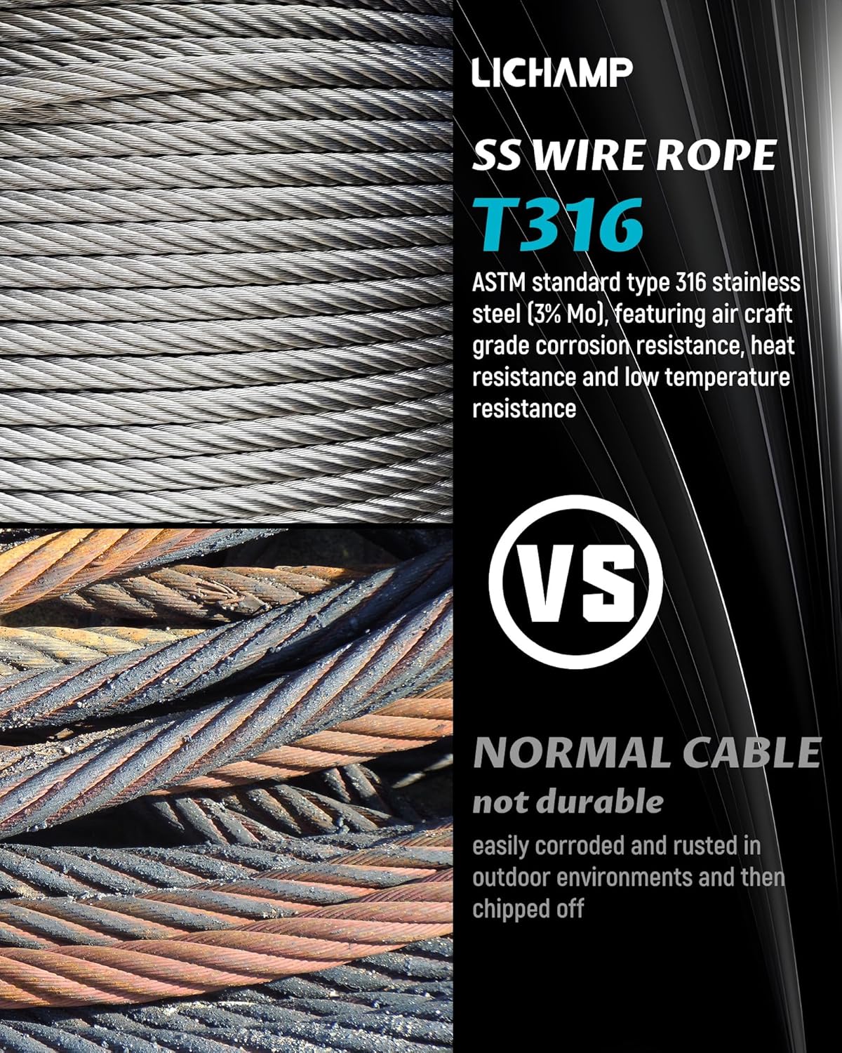 Lichamp 250FT 1/8" Stainless Steel Wire Rope Cable, Aircraft 316 SS Braided Steel Wire Thin Metal Cable Hardware for Deck Railing Handrail Safety System, SSC250