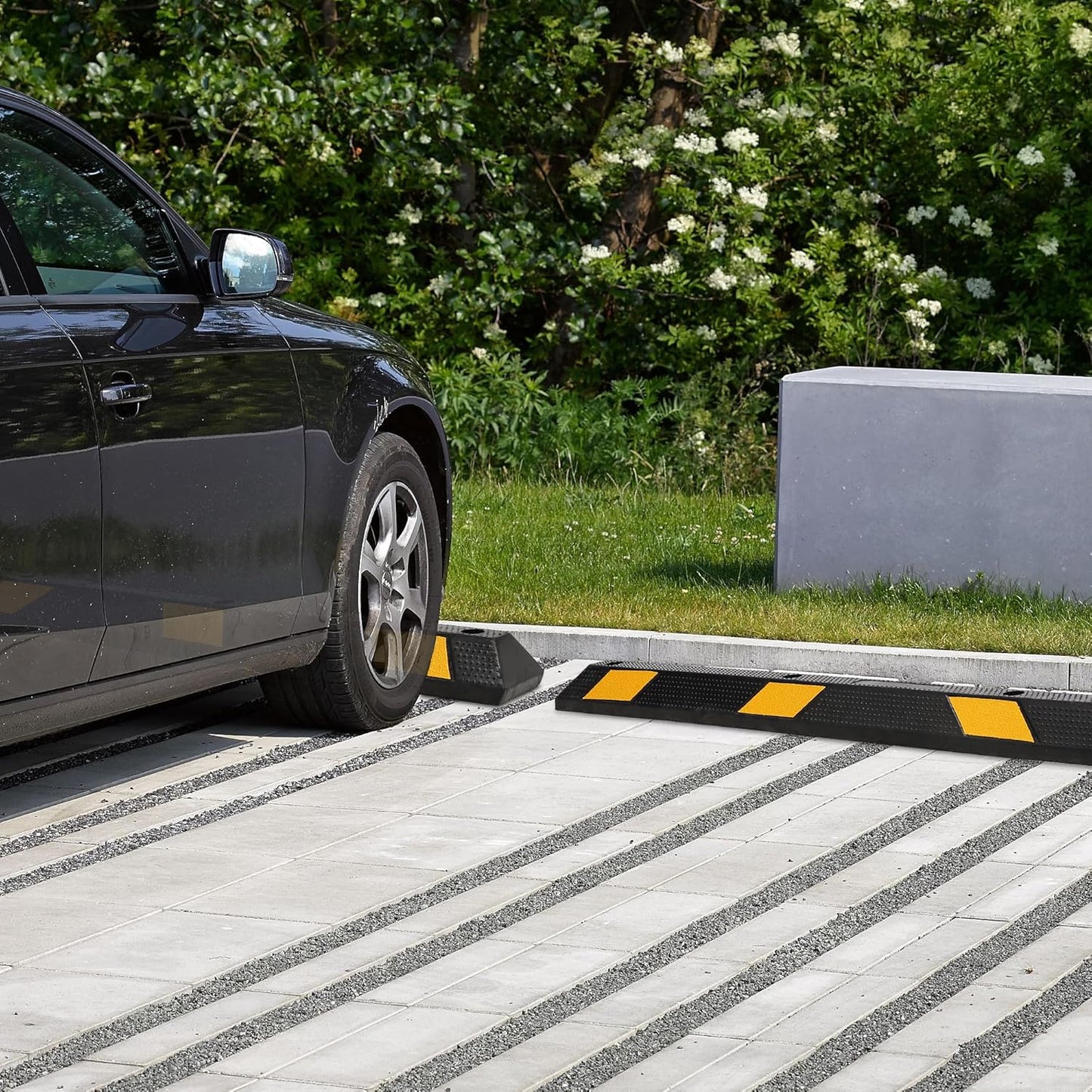 Pack of 1-72" Parking Stoppers for Garage, Heavy Duty Rubber Parking Curb with Reflective Stripe, Garage Floor Wheel Stopper for Car Vehicles Truck, Installation Kit Included