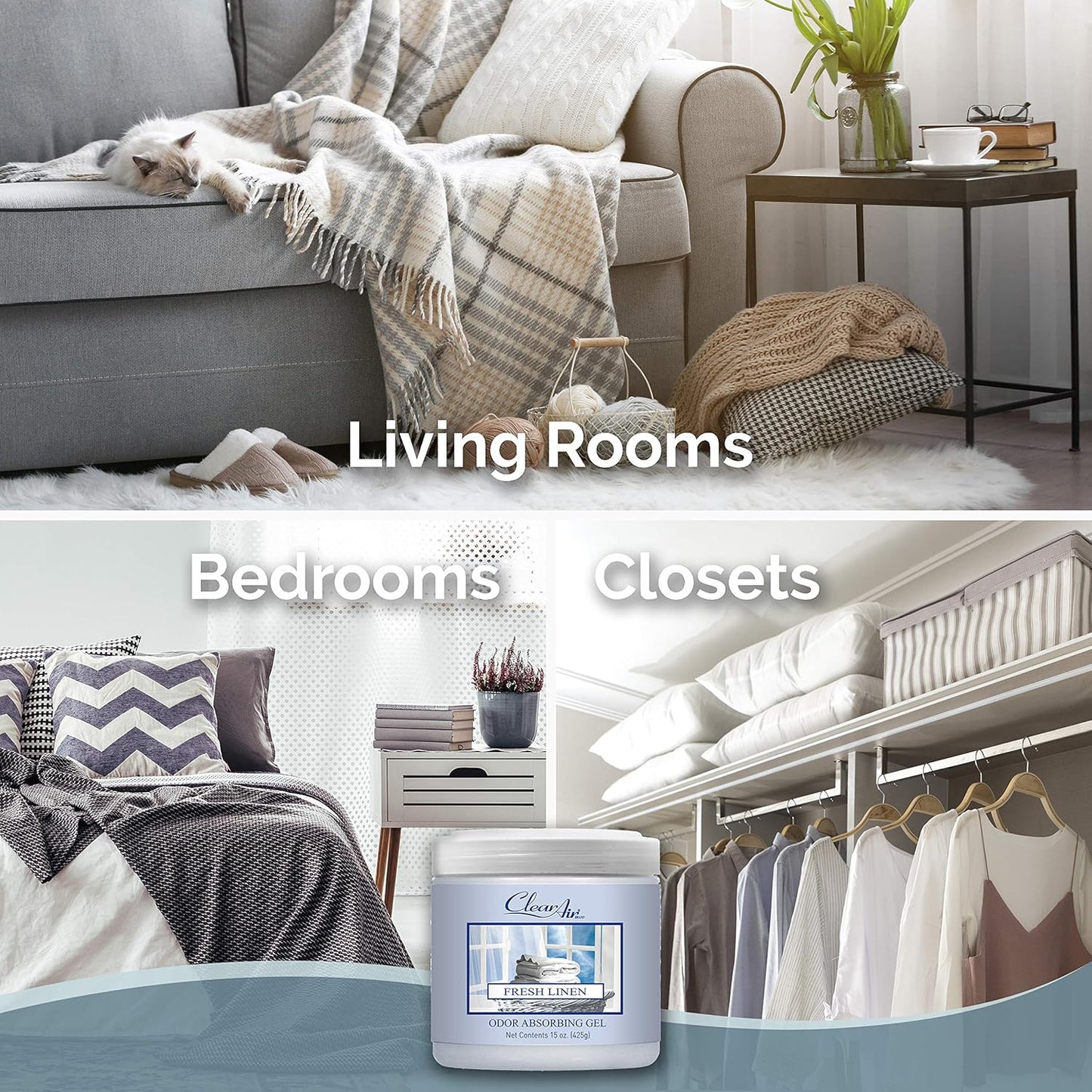 Clear Air Odor Absorber Gel - 15 oz, Pack of 2 - Air Freshener Absorbs and Eliminates Odors in Bathrooms, Cars, Boats, RVs and Pet Areas - Made with Essential Oils - Fresh Linen Scent