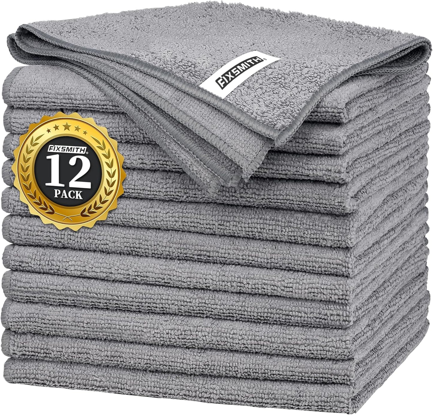 FIXSMITH Grey Microfiber Cleaning Cloth -Pack of 12, Highly Absorbent Cleaning Rags, 16"X12" All Purpose Cleaning Towels for Housekeeping, Kitchen, Car, Lint Free and Reusable Microfiber Towels