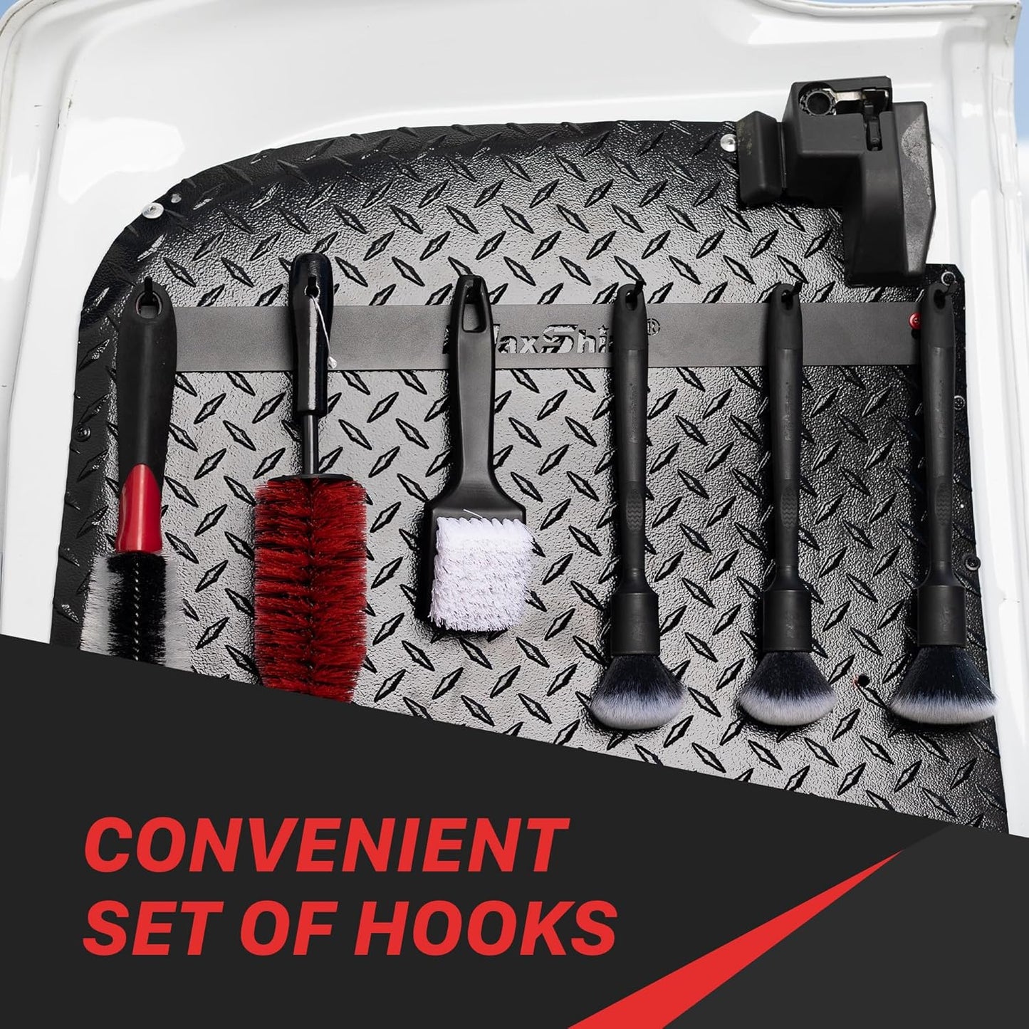 Maxshine Universal Detailing Brush Hanger - 6 Organizer Hooks, Lightweight Wall-Mounted Design for Auto Detailing Supplies, Ideal for Garage & Mobile Use (Logo, 2, Count)