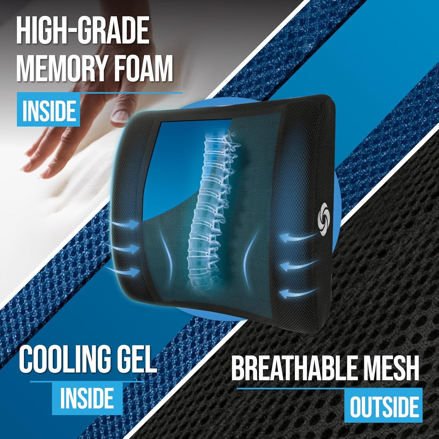 SAMSONITE, cooling gel, lumbar support pillow for office chair or car seat - boost your lower back comfort zone, high grade - memory foam, universal chair cushion, breathable mesh, washable cover