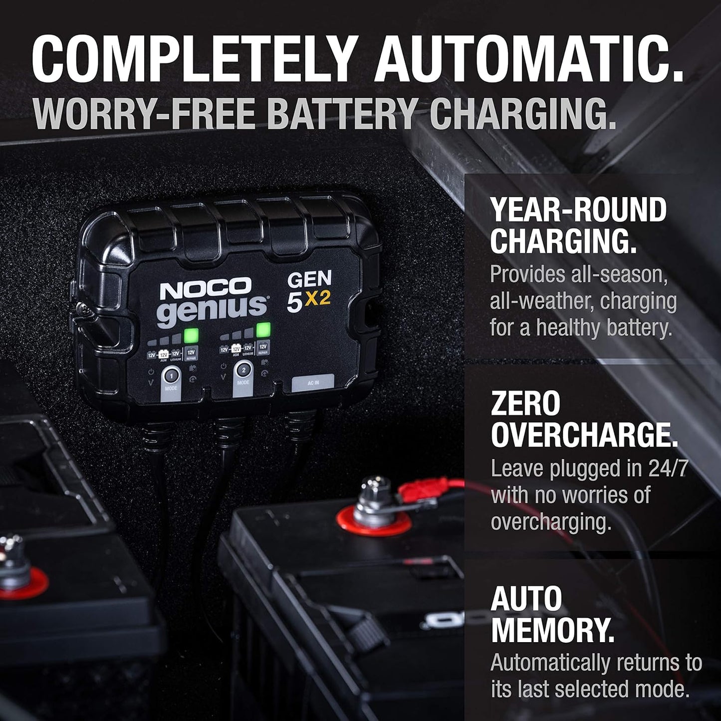 NOCO Genius GEN5X2: 2-Bank, 10A Onboard Battery Charger - 5A Per Bank, 12V Waterproof Marine Charger with Overcharge Protection & Temperature Compensation – for Lead-Acid & Lithium Batteries
