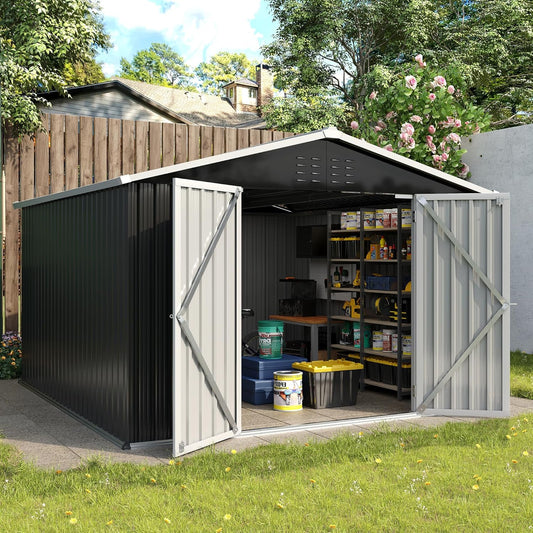UDPATIO Outdoor Storage Shed 10x12 FT, Outside Sheds & Outdoor Storage Metal Galvanized Steel Yard, Patio, Lawn, Tool Shed with Lockable Door for Can, Bike, Lawnmower, Generator,Dark Grey