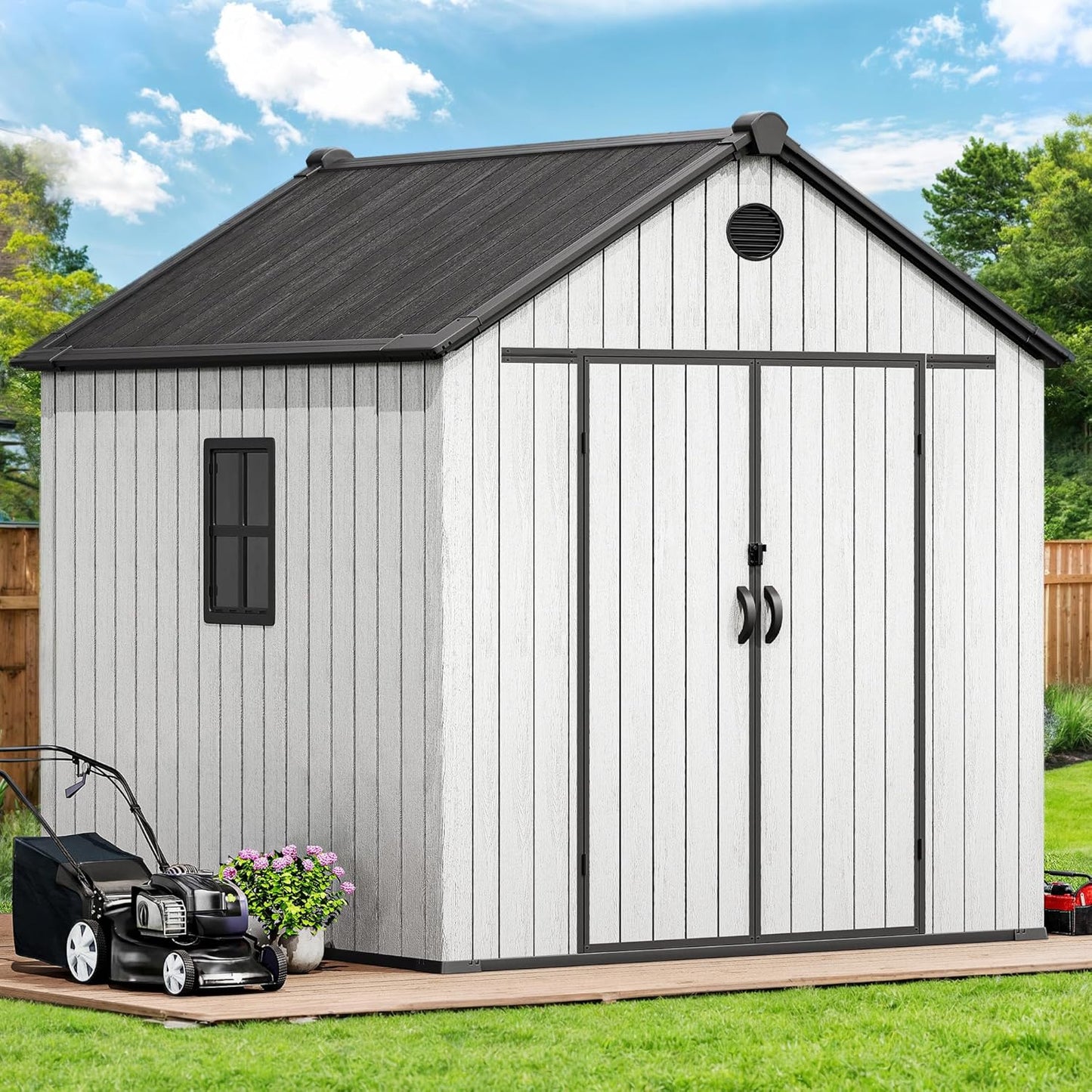 YITAHOME 8 x 8 ft Outdoor Plastic Storage Shed with Floor, Waterproof Garden Shed with Lockable Door, Windows & Vents, Plastic Tool Storage for Patio Furniture, Lawn Mower, Bike Storage
