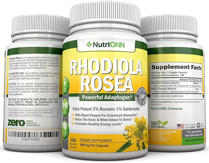 Rhodiola Rosea - 500mg - 180 Vegan Capsules - 3% Rosavin 1% Salidroside Extract - Non-GMO - with Black Pepper for Enhanced Absorption - 6 Month Supply - Supplement for Energy & Stamina