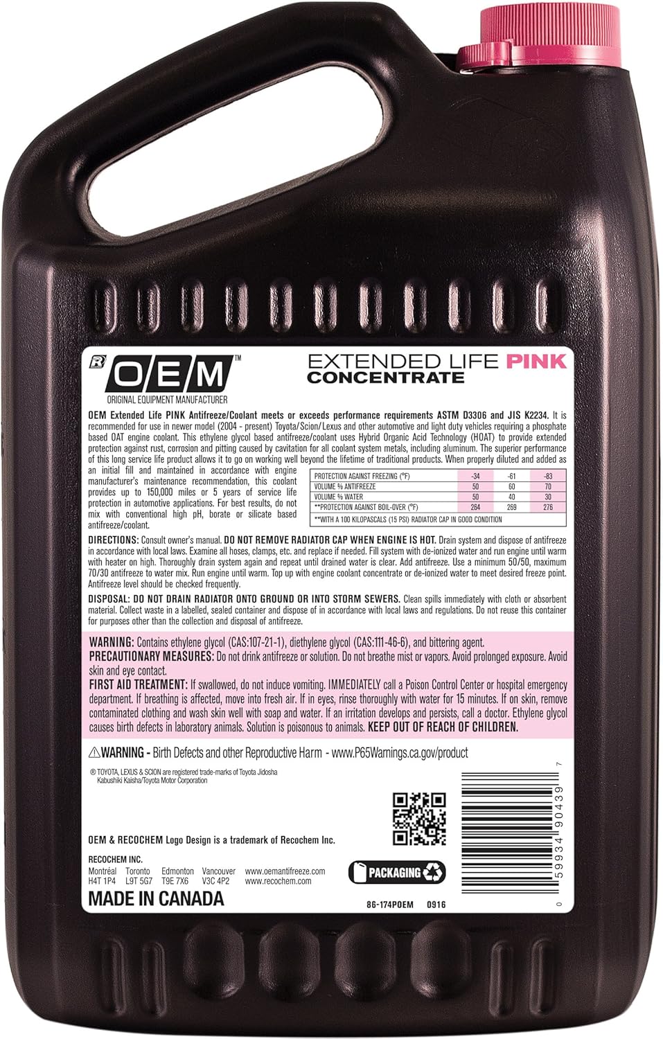 Recochem OEM 86-174POEM Pink Premium Antifreeze Concentrate Extended Life PINK, 1 gallon, 1 Pack , BROWN