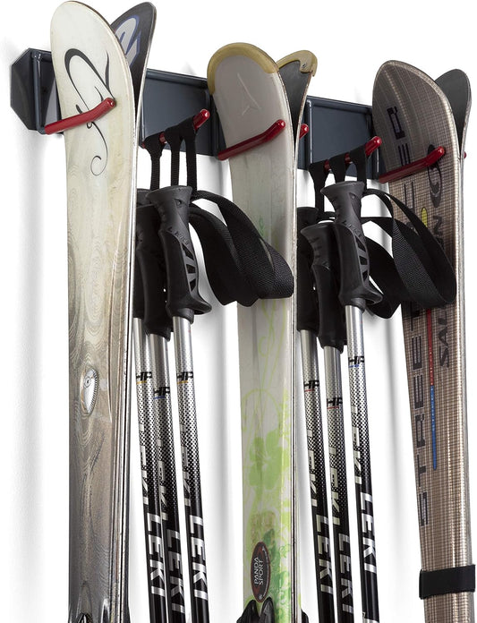 Wall Mounted Horizontal Rack for Storage of Skis and Poles-Heavy Duty Weatherproof Nonslip Garage Wall Organizer for Carrying Snowboard, Hockey Sticks, Skates, Helmets (Large, 2 Ski Sets)