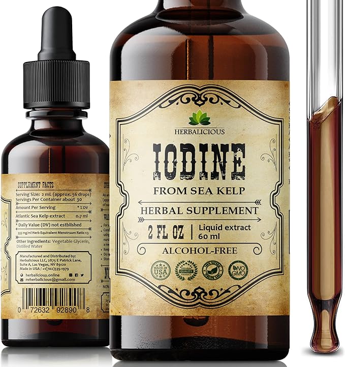 Iodine Drops – Natural Iodine Liquid from Sea Kelp – Thyroid Supplement for Energy, Digestion & Immune Support – Organic Non-GMO Formula – 2 fl oz