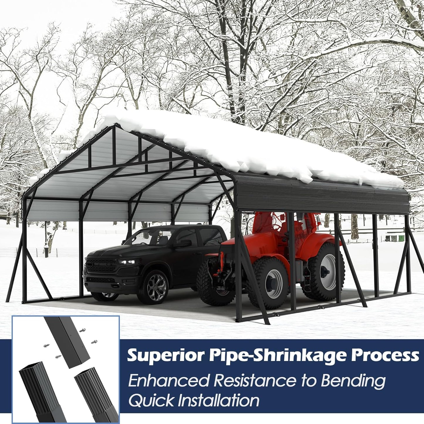 Xilingol Metal Carport, Heavy Duty Carport Canopy with Galvanized Steel Frame and Roof, Outdoor Storage Shed, Car Tent Garage Shelter for Pickup, Truck, Boat and Tractor, Grey (20x20 FT Black)