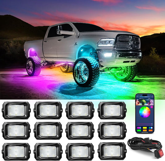 MICTUNING C2 Max RGB+IC Chasing Color LED Rock Lights - 12 Pods Underglow Lighting Kit, Dynamic Lighting Modes, Extensible Up to 24 Pods with Stable APP Control, IP68 Waterproof, DIY Effect