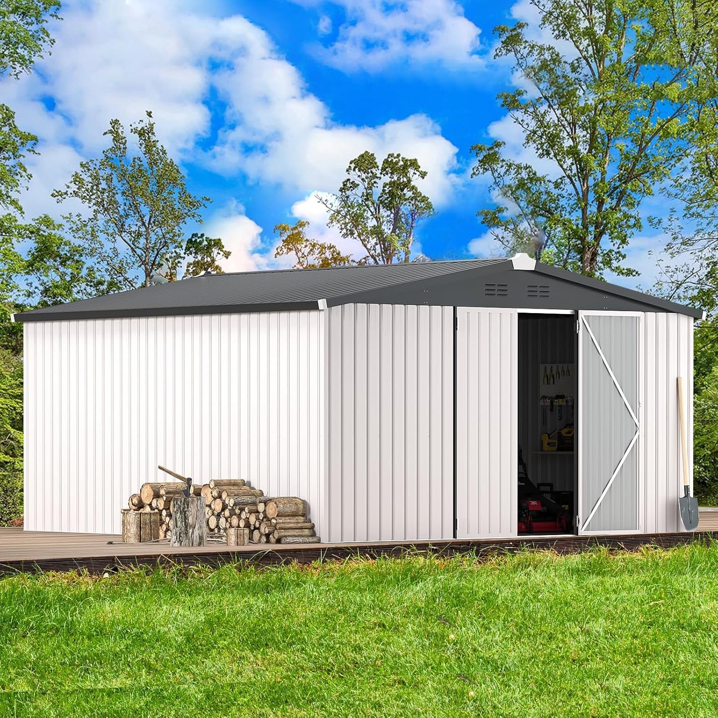 U-MAX 10' x 10' Shed Outdoor Storage Shed Clearance, Large Metal Garden Shed Yard Steel Shed with Design of Lockable Doors, Tool and Utility Storage for Backyard, Garden, Patio, Outside use White