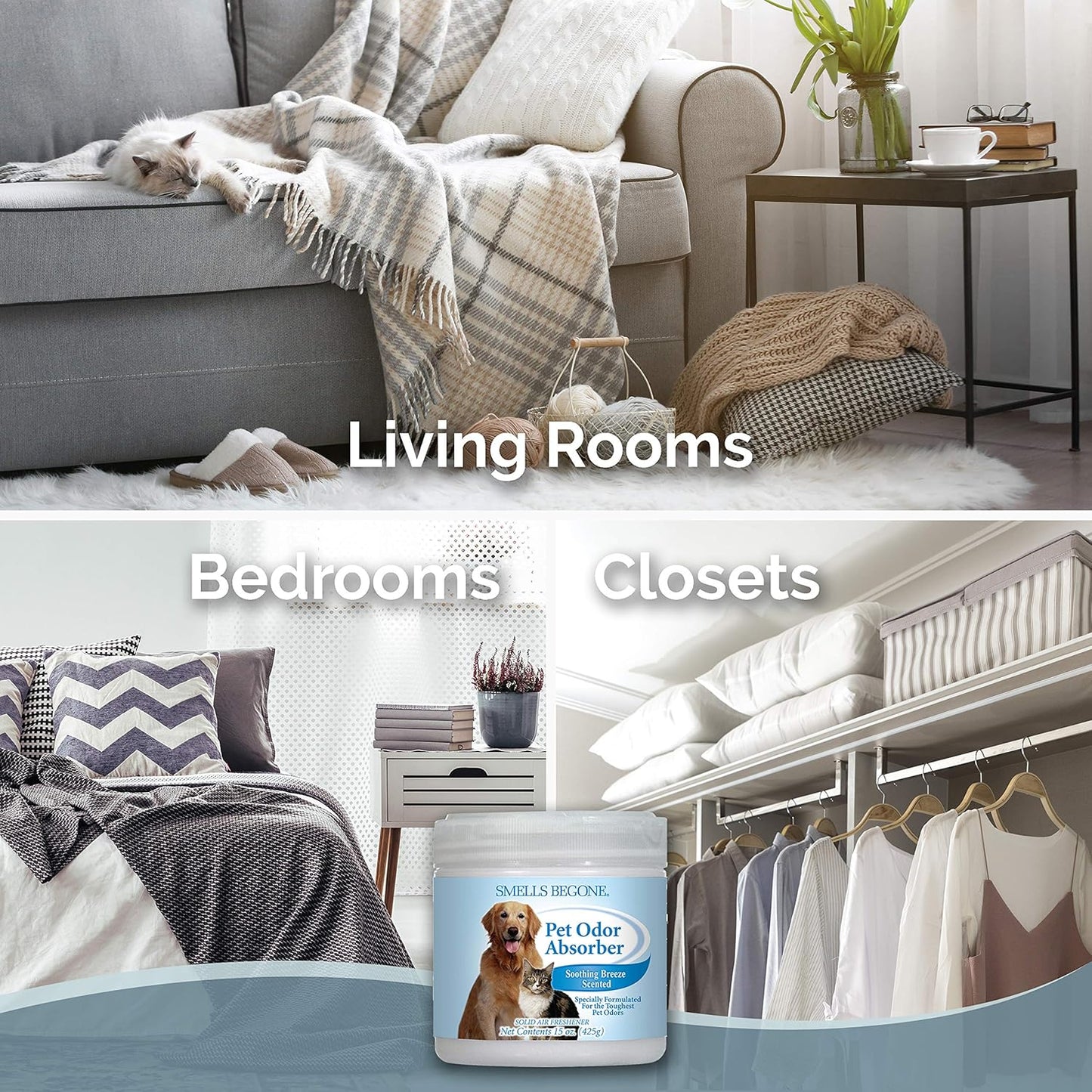 SMELLS BEGONE Air Freshener Pet Odor Absorber Gel - 15 oz, Pack of 2 - Absorbs and Eliminates Odor in Pet Areas, Bathrooms, Cars, & Boats - Made with Essential Oils - Soothing Breeze Scent