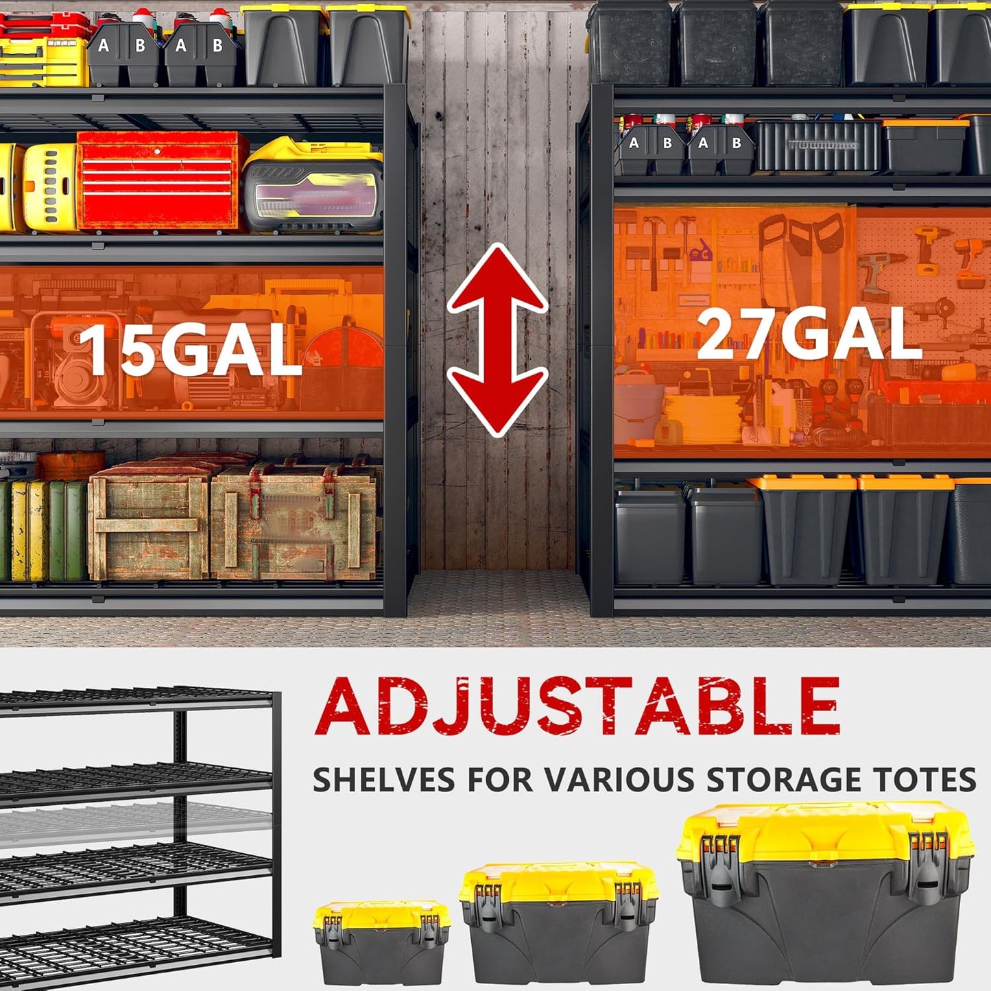 REIBII 60" W Garage Shelving Heavy Duty 2500LBS Storage Shelves 4-Tier Garage Shelves, Adjustable Metal Shelving for Warehouse, Pantry, Kitchen, Commercial, 60" W*60" H*24" D