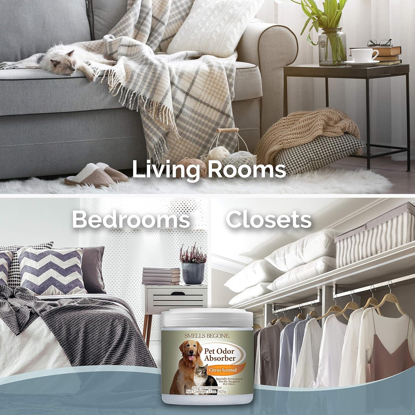 SMELLS BEGONE Air Freshener Pet Odor Absorber Gel - 15 oz, Pack of 2 - Absorbs and Eliminates Odor in Pet Areas, Bathrooms, Cars, & Boats - Made with Essential Oils - Citrus Scent