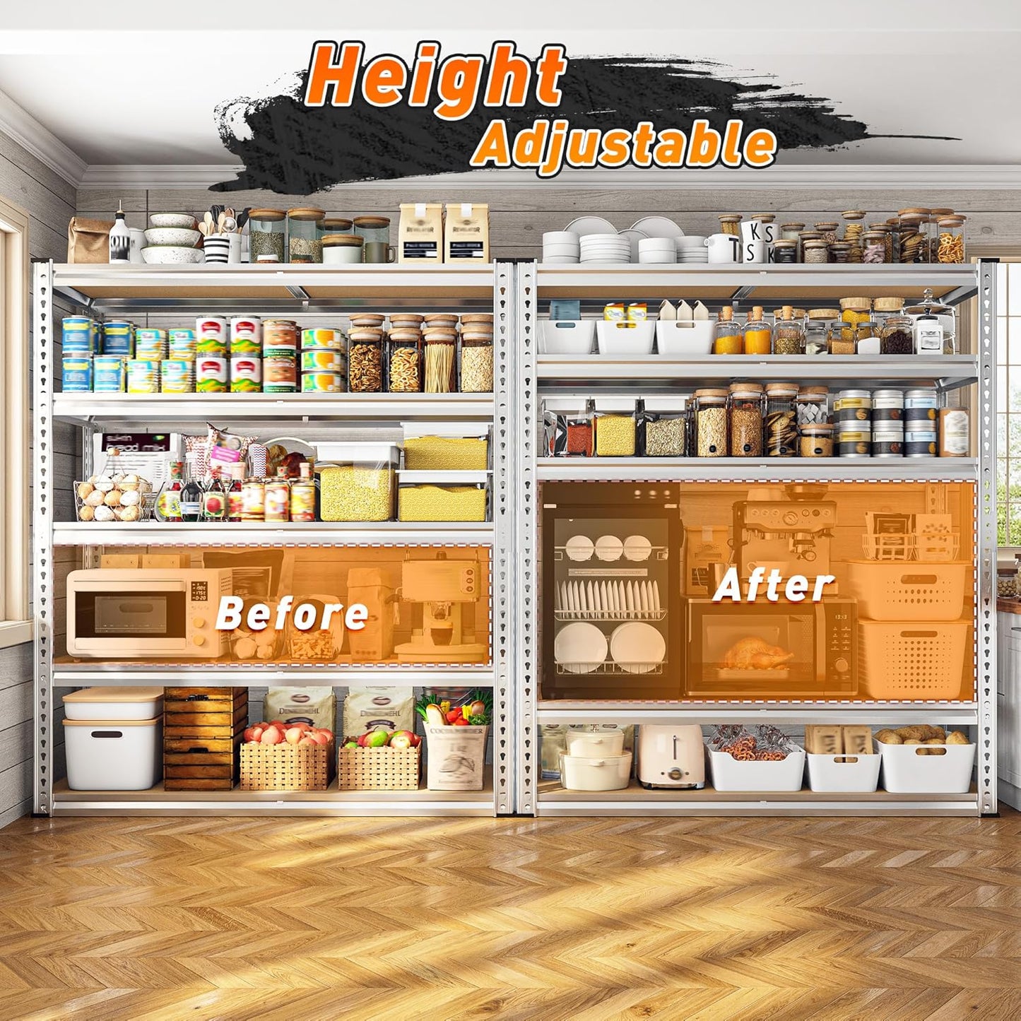 REIBII 40" W Garage Shelving 2500LBS Storage Shelves Adjustable Metal Shelving 5 Tier Pantry Shelves for Closet Kitchen Warehouse 40" W x 19.7''D x 72''H, Silver