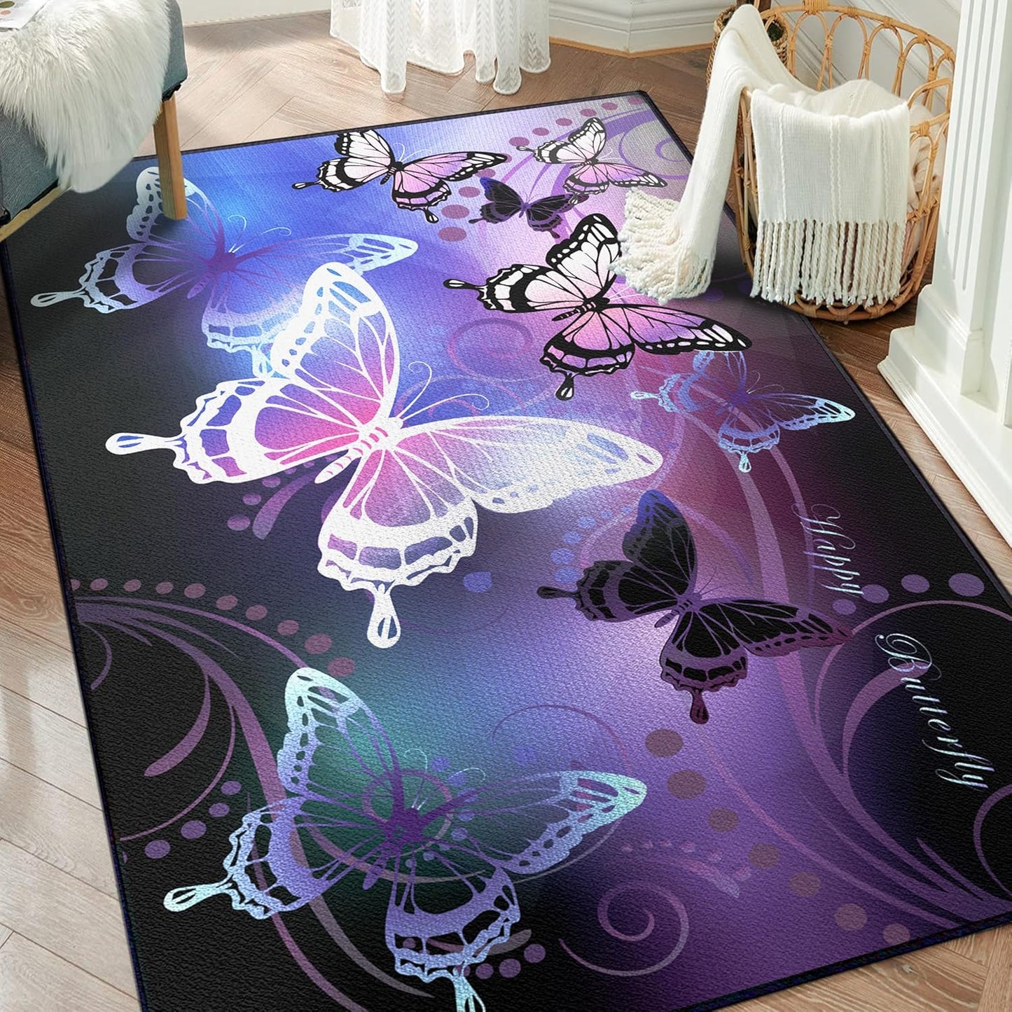 Beautiful Butterfly Fantasy Rug for Playroom Girls Bedroom Colorful Rainbow Butterfly Decor Area Carpet 3x4 Purple Mat 3D Printed Non-Slip Washable