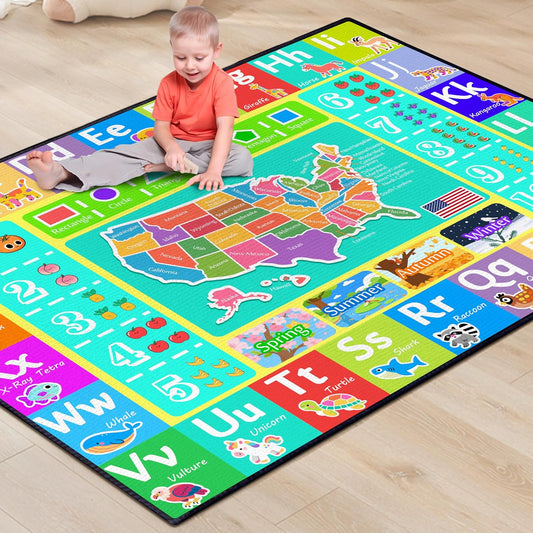 ABC Rug for Kids Playroom, 59"x39" Washable Classroom Area Rugs, Educational Learning Mat with Alphabet Numbers Animals Seasons Shapes for Classroom Preschool Playroom