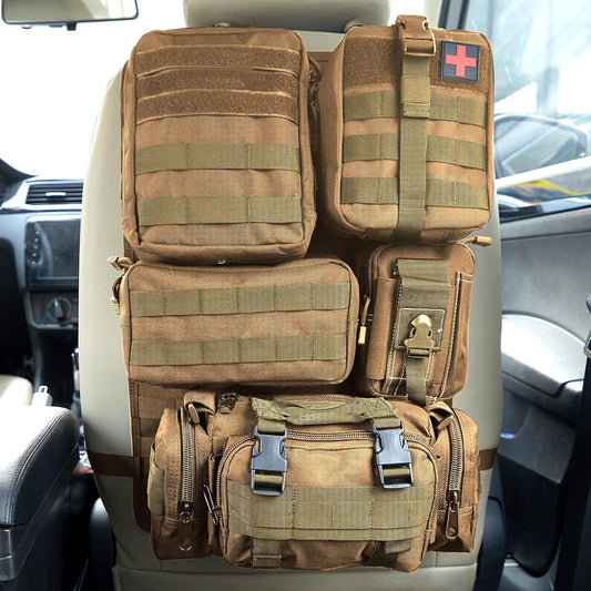 Universal Tactical Seat Back Organizer Vehicle Molle Panel Organizer Storage Bag with 5 Detachable Molle Pouch for All Vehicel Such as Jeep,Truck,SUV, Car, Ford,Chevy etc