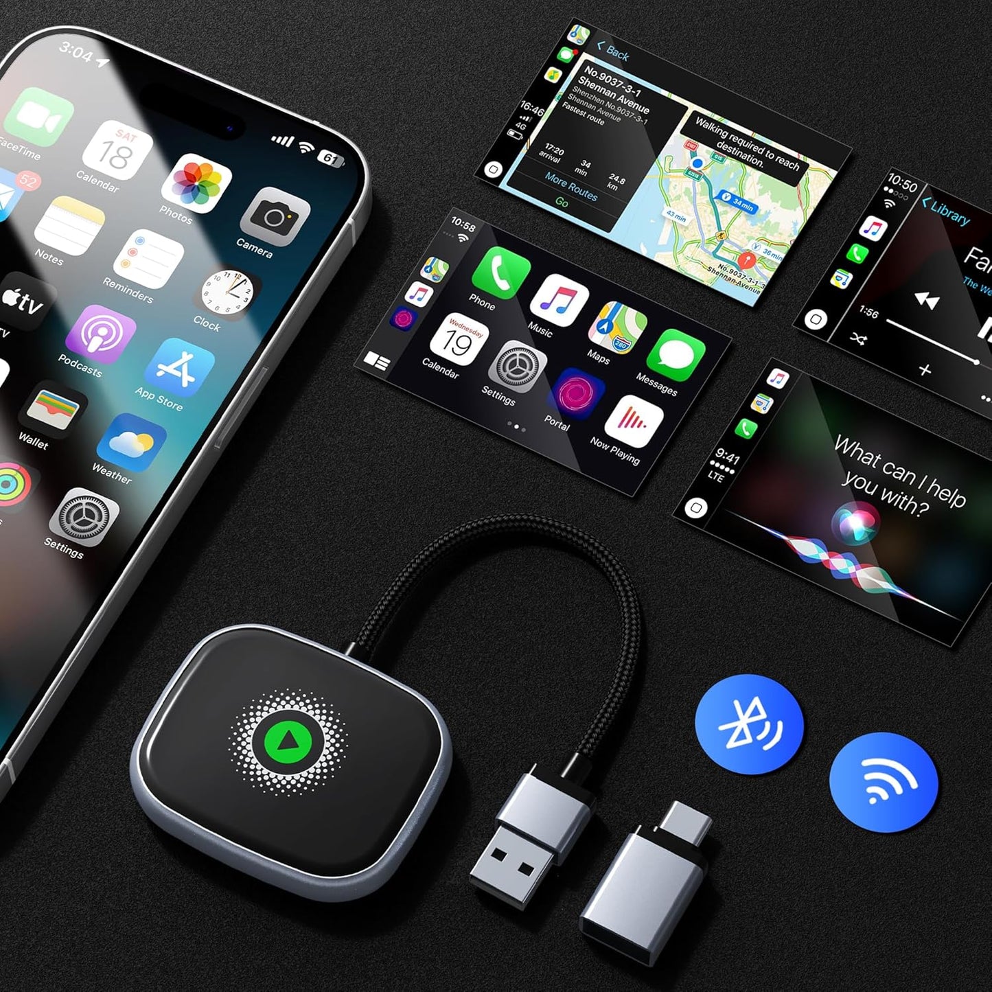 Wireless CarPlay Adapter, Wireless Car Screen Adapter for iPhone-Easily Upgrade Wired CarPlay to Unwired Connectivity, Includes USB-A to USB-C Dongle, Plug & Play for iPhone (iOS 10 and Above)