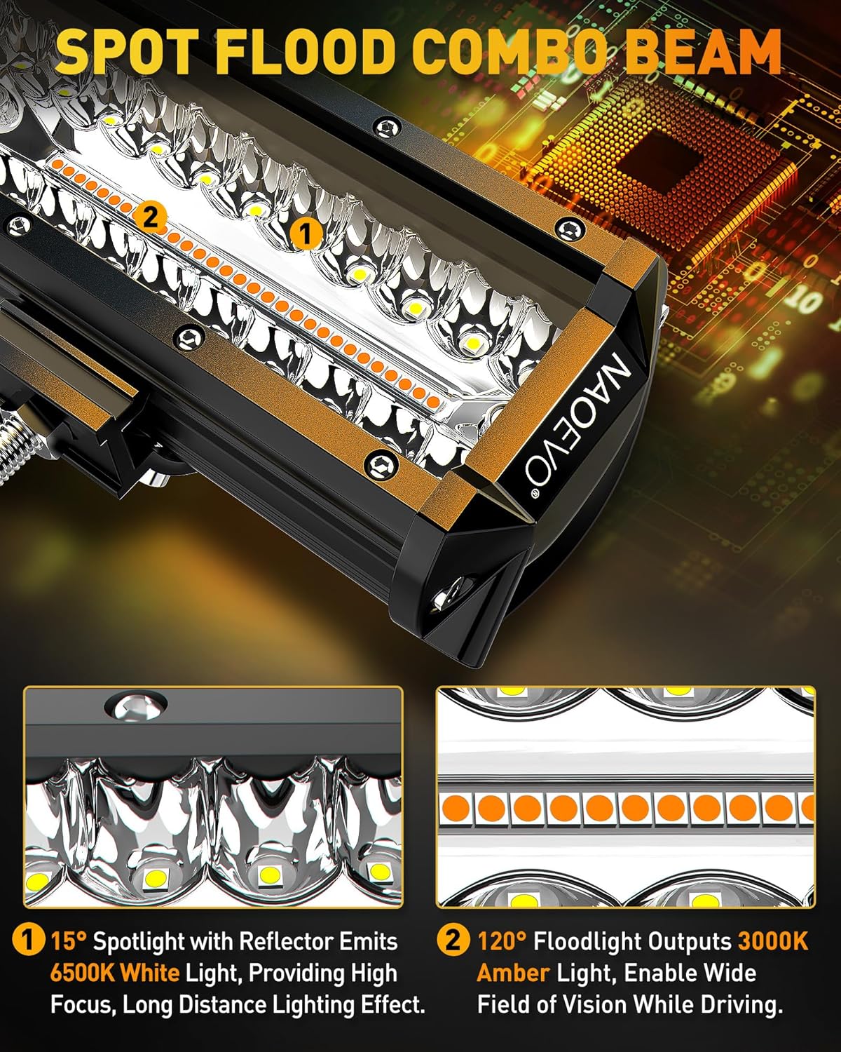 NAOEVO 12 Inch LED Light Bar, 300W 30000LM LED Offroad Fog/Driving Lights with 2 Leads Wiring Harness, Spot & Flood Combo, Work for Truck Boat UTV ATV, 1 Pc (White/Amber/White&Amber)