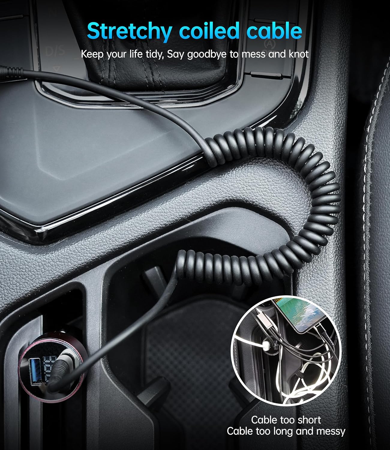 Coiled USBC to USBC Cables for Car 3FT/5FT, USB C to USB C Fast Charging Cables Short Type C Cord for iPhone 16/15/Pro/Plus/Pro Max/Samsung Galaxy S23, Compatible All Type C Devices-Silver 2Pack