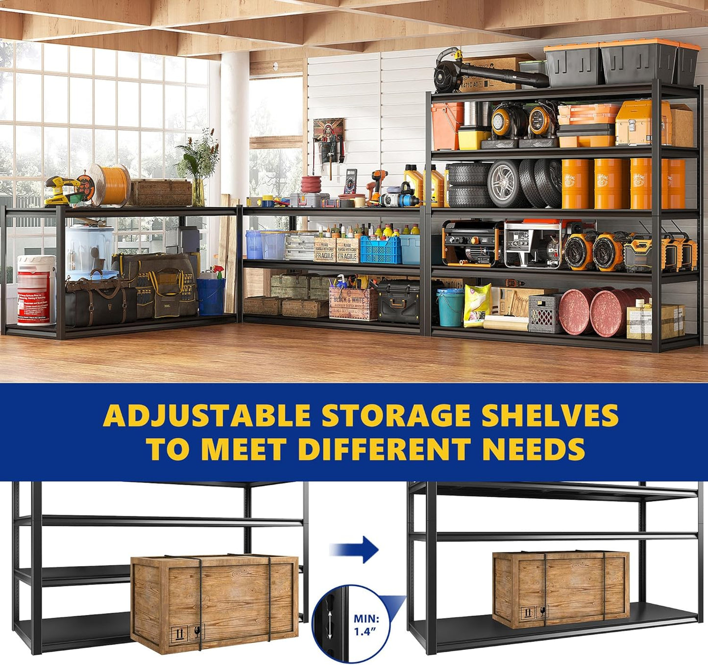 REIBII Garage Shelving 48.2" W Storage Shelves 3000LBS Metal Shelving Heavy Duty Adjustable Metal Shelf Industrial Pantry Shelves for Basement Garage Warehouse 72.2" H x 24.2" D x 48.2" W, 3 Pack
