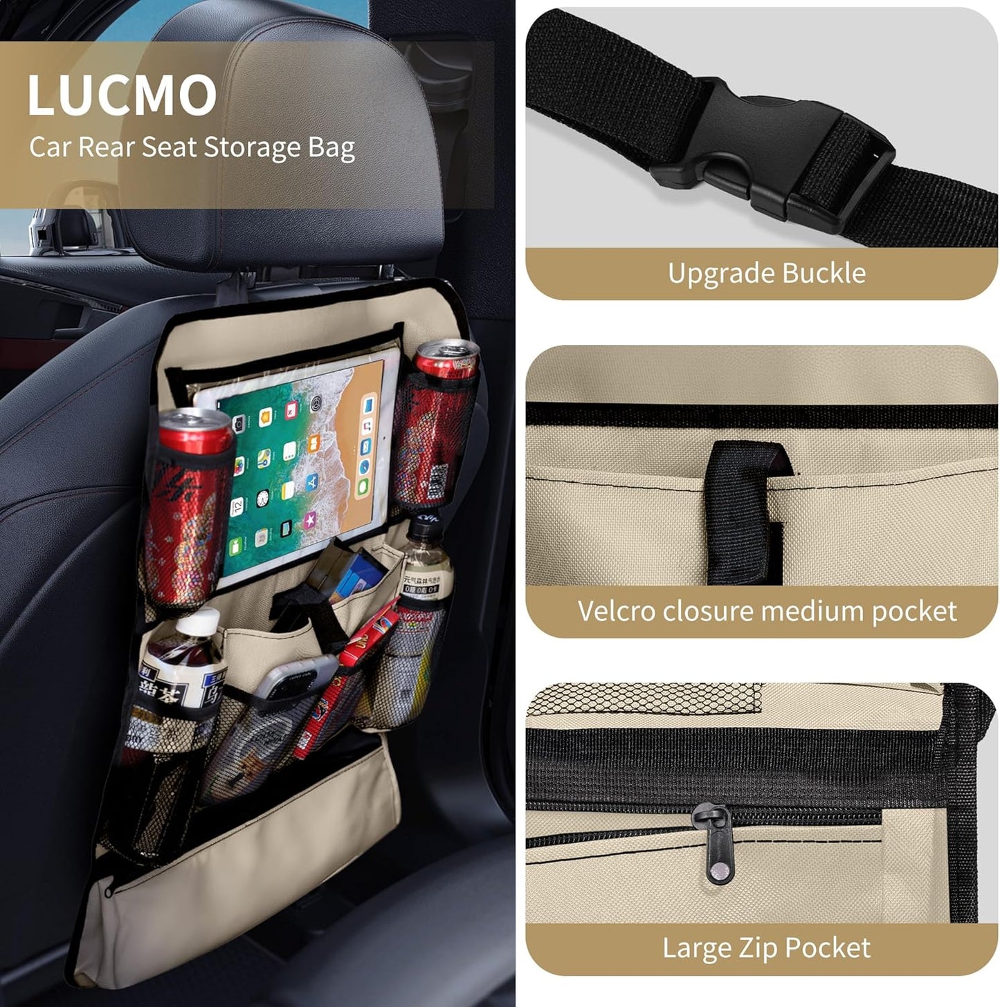 LUCMO Car Backseat Organizer with Touch Screen Tablet Holder-2 Pcs,9 Storage Pockets Car Storage Organizer Protectors Kick Mats Travel Accessories for Kids-Beige