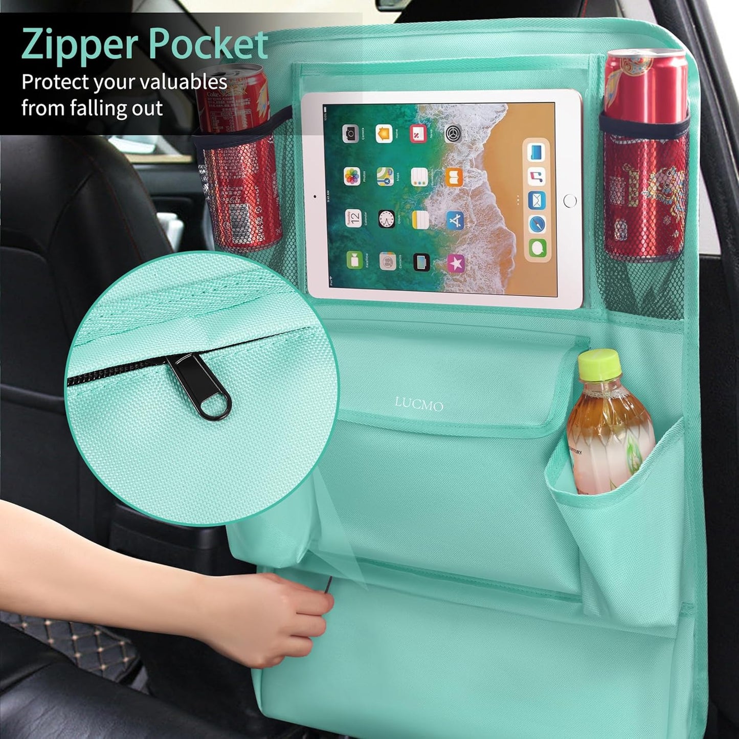 LUCMO Car Backseat Organizer with Touch Screen Tablet Holder,9 Storage Pockets Car Storage Organizer,Protectors Kick Mats Travel Accessories for Kids-Light Blue