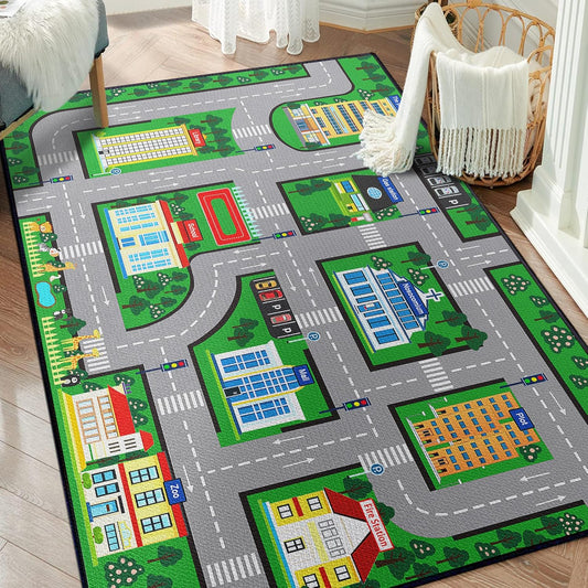 Fun Car Play Area Carpet Car Mat 59"x39" Play Rug for Playroom Town City Road Map for Boys Bedroom Non-Slip Washable