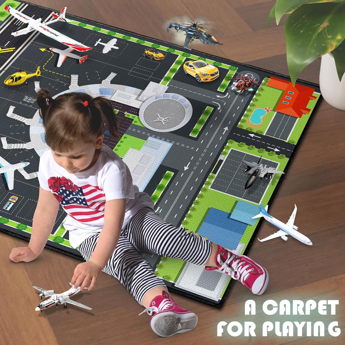 Playmat for Boys Playroom 5'x 6'6" Airport Mat for Kids Bedroom Traffic System and Aircraft Runway Rug Carpet Non-Slip Washable Area Rug