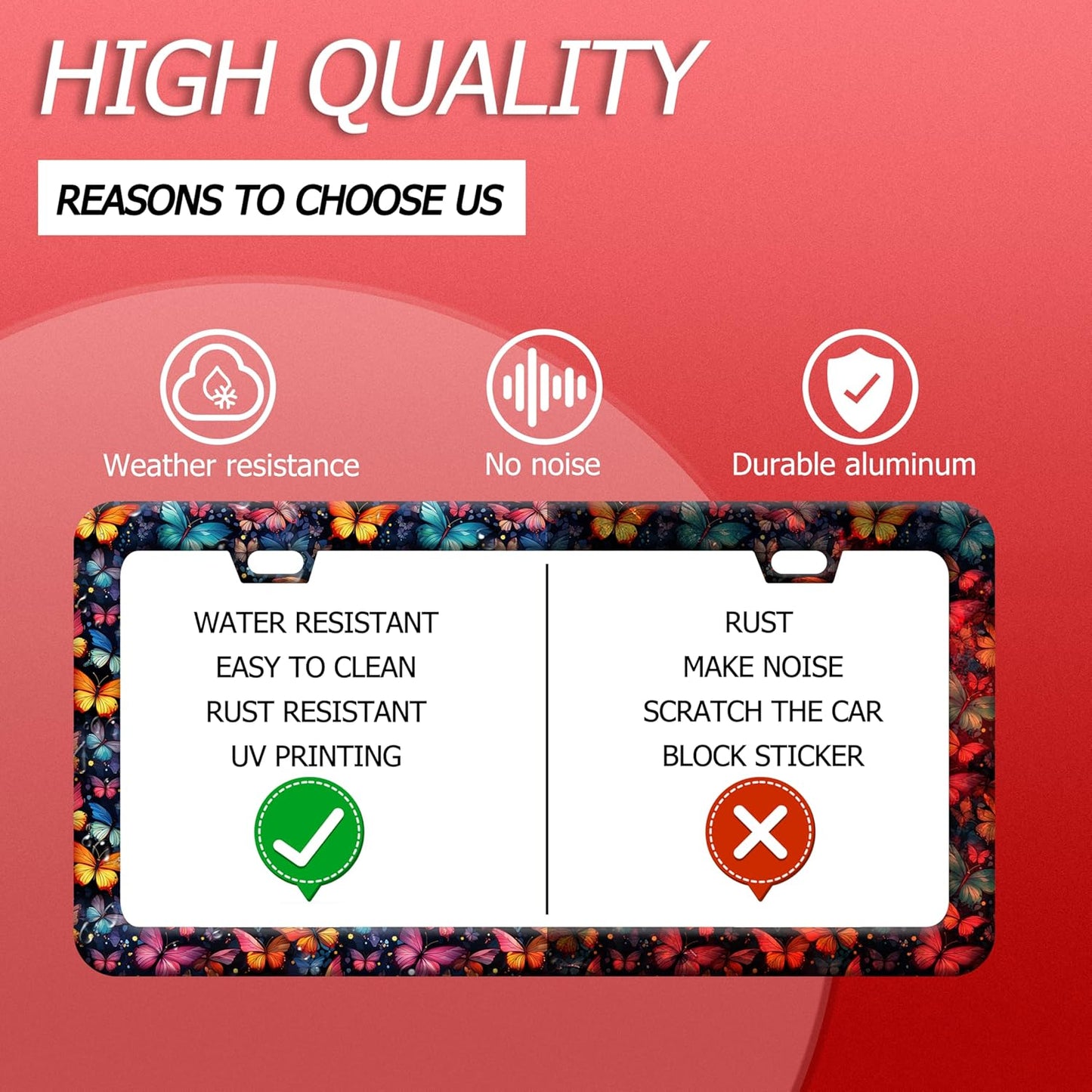 Butterfly License Plate Frame Funny Colorful License Plate Frames Stainless Steel Accessories Cars Decor with 2 Holes and Screws Fits Standard Us Ca Vehicles License Plate Holder 12.2 X 6 Inch