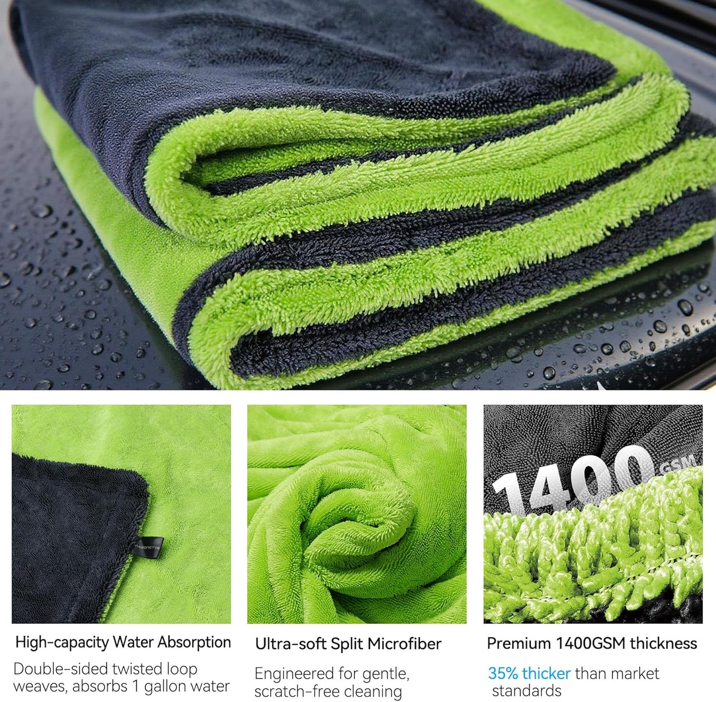 1400GSM Car Drying Towel(48" x 24"),Microfiber Towels for Cars Detailing -Absorbs 9lbs of Water, Ultra-Absorbent, Streak-Free, Scratch-Free, No Water Spots, Double-Twist Pile & Edgeless
