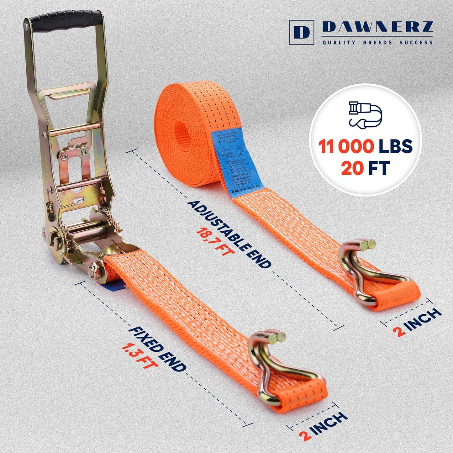 Tie Downs Ratchet Straps 2 inch X 20 ft - Heavy Duty Ratchet Strap with Double J Wire Hooks 11000 Lb Breaking Strength - Cargo Tie Down for Truck and Trailer