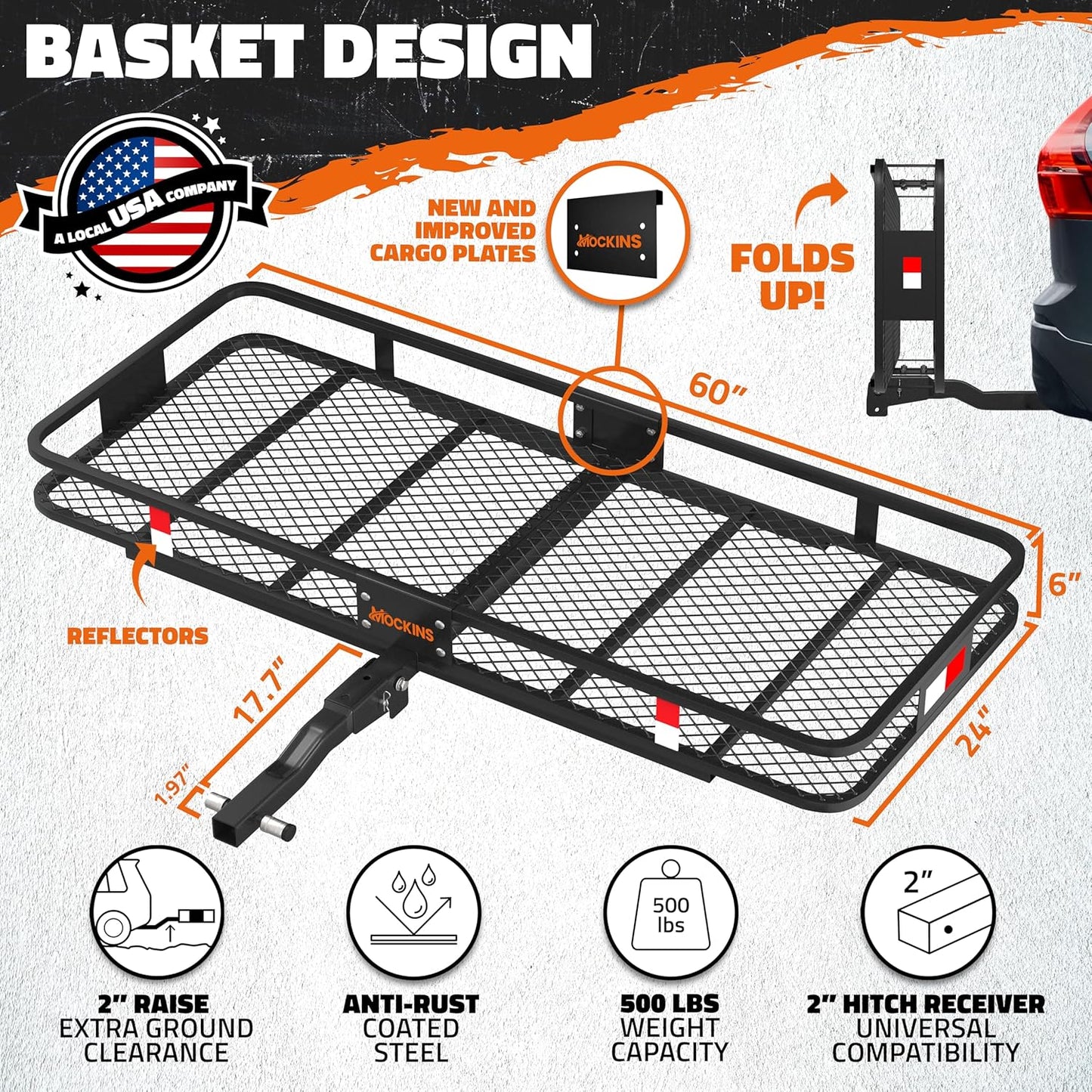 Mockins 60"x24"x6" Weatherproof Trailer Hitch Cargo Carrier & 25 Cu.Ft. Waterproof Cargo Bag | 500 Lbs. Capacity Folding Luggage Rack for Car Hitch w/All-Weather Truck Bed Storage Bag & Accessories